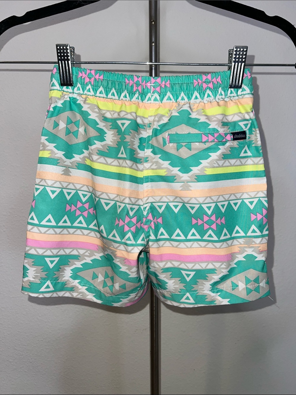 chubbies Teal Aztec Print Kids Swim Trunks with Pink and Peach Accents - Picture 2 of 4